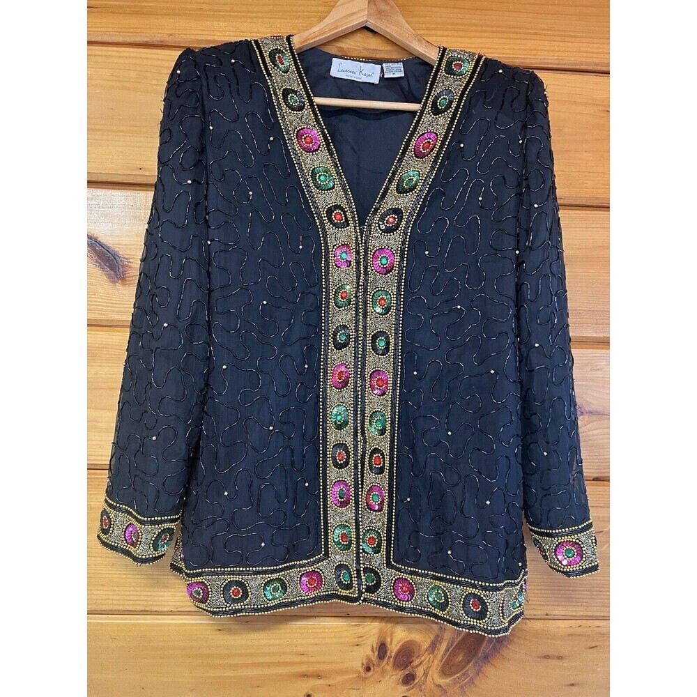 Vintage Laurence Kazar New York Beaded Jacket M Black & Gold With Multicolored - Picture 2 of 7